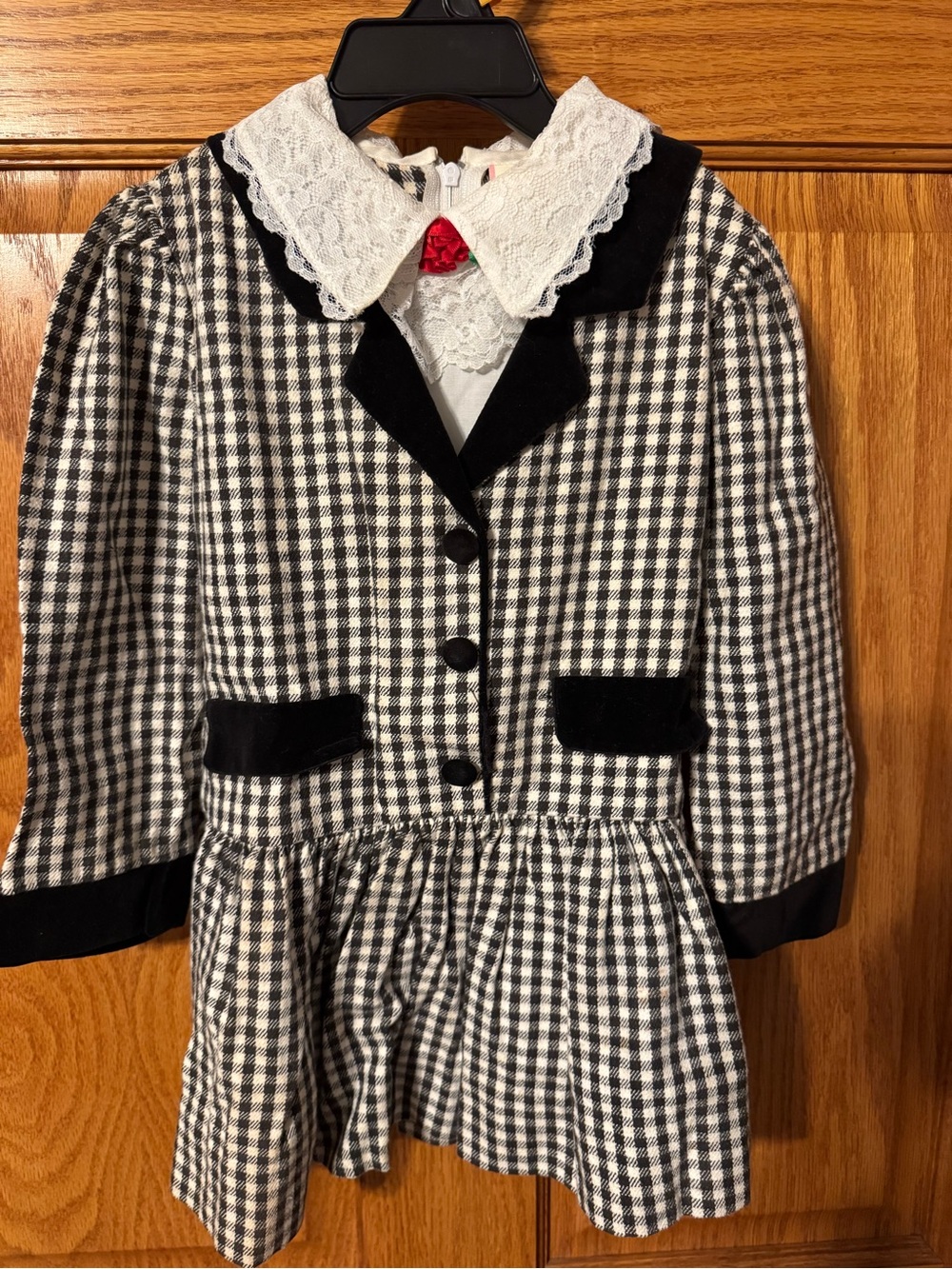 Black and White Checked Kids Dress with Lace Collar